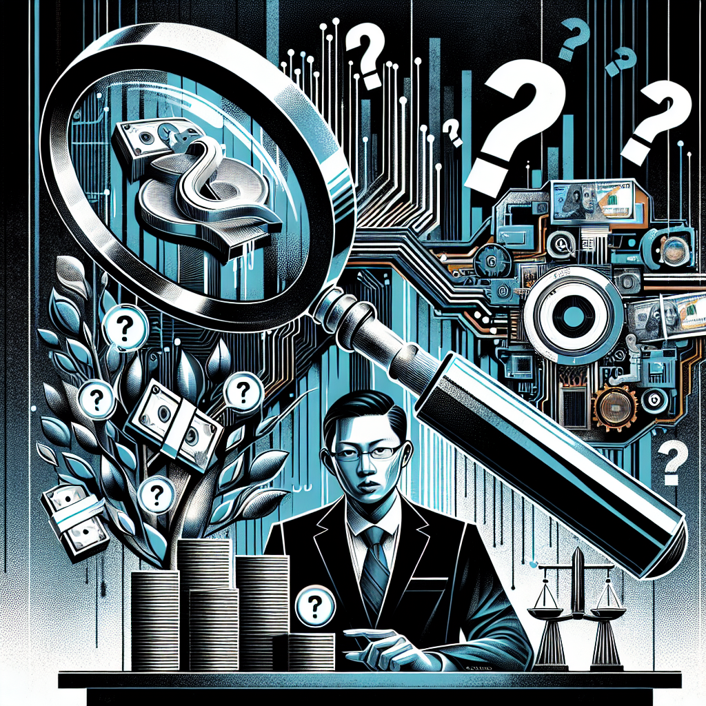 Here's a suitable image description based on your requirements:

A stylized illustration shows a Taiwanese legal professional at a desk, gesturing towards floating question mark icons. Behind them, a large magnifying glass reveals symbolic elements of fraud and money laundering - stacks of cash, digital transactions, and handcuffs. Bold contrasting colors and clean lines create a dynamic, modern art style. The scene conveys a professional consultation atmosphere with dramatic lighting highlighting key elements.