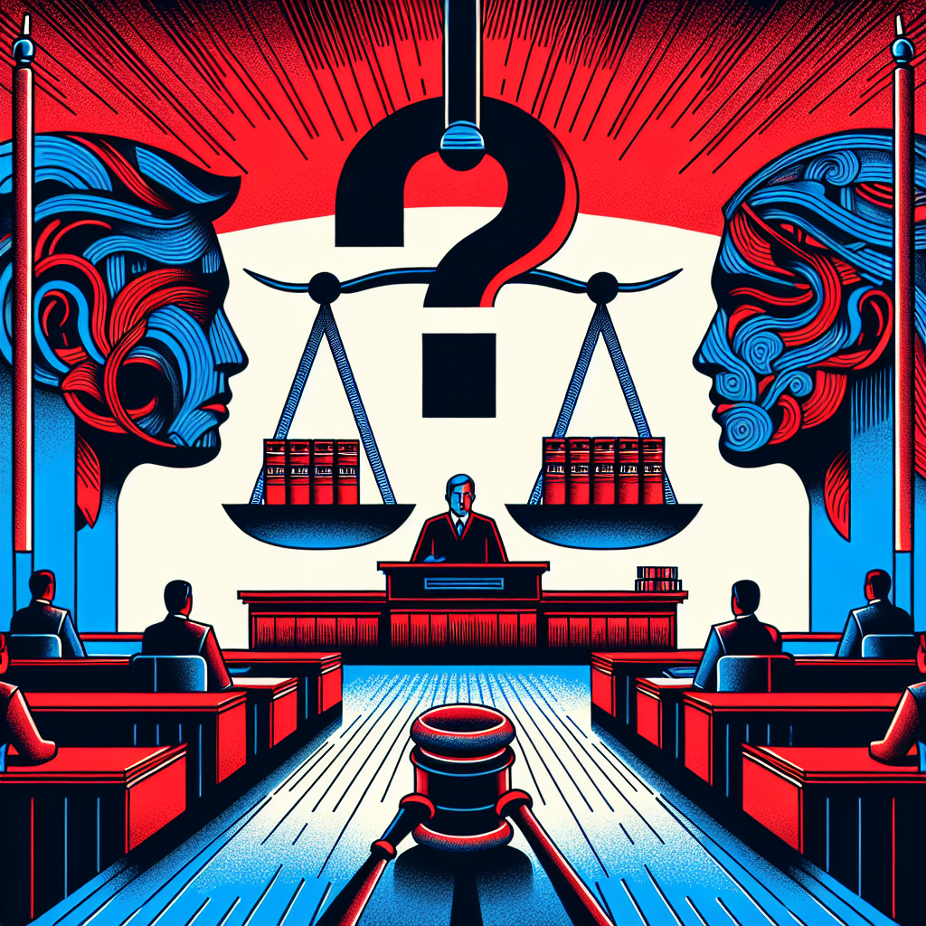 Here's a suitable image description based on your requirements:

A stylized modern art illustration depicting a courtroom scene. A judge's gavel hovers prominently in the foreground. Two Taiwanese figures, one representing the accused and one the accuser, stand on opposite sides. Between them, a large question mark symbolizes the ambiguity of consent. Bold red and blue colors contrast sharply, creating a dramatic atmosphere. Clean lines and geometric shapes form symbolic legal icons like scales of justice and law books in the background.