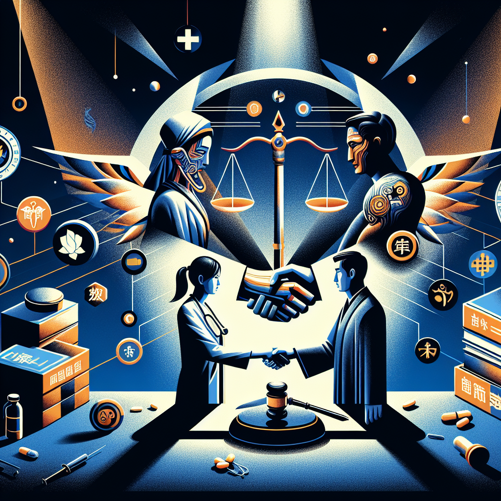 Here's a description for an image based on your requirements:

A stylized modern art illustration depicting a professional Taiwanese legal consultation scene. A judge's gavel balances on scales of justice, symbolizing fair compensation. Bold, contrasting colors highlight a doctor and patient shaking hands, representing resolution. Clean lines form medical and legal icons floating around them. Dramatic lighting casts shadows, creating a dynamic and visually engaging composition that conveys the theme of medical dispute resolution and compensation standards.