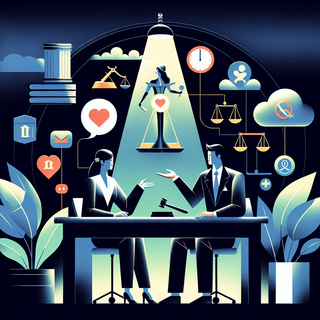 Here's a description for an image based on your requirements:

A stylized illustration depicts a modern legal consultation scene. A Taiwanese lawyer sits at a desk, gesturing towards floating icons representing marriage, infidelity, and legal consequences. Bold, contrasting colors and clean lines create a dynamic composition. Dramatic lighting highlights key elements, while symbolic scales of justice and a gavel hover in the background. The overall design is visually engaging and professional, conveying the complexities of marital disputes and legal implications.