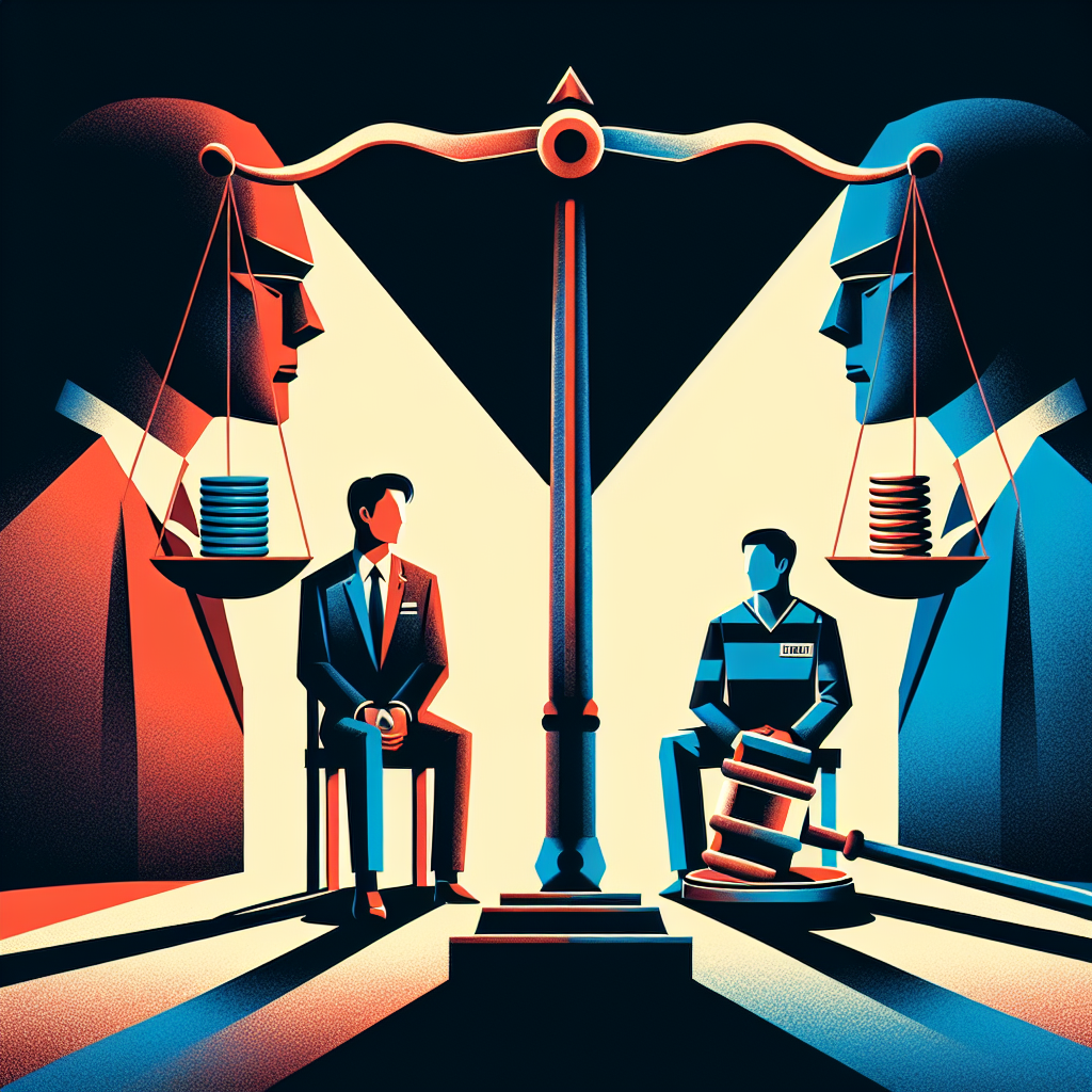 Here's a suitable image description based on your requirements:

A stylized courtroom scene with bold, contrasting colors. A judge's gavel and scales of justice dominate the foreground. Two Taiwanese figures face each other - one in a suit, the other in prison attire. Symbolic icons representing truth and lies float between them. Dramatic lighting casts shadows, creating a tense atmosphere. Clean lines and modern art style convey the legal theme with visual impact.