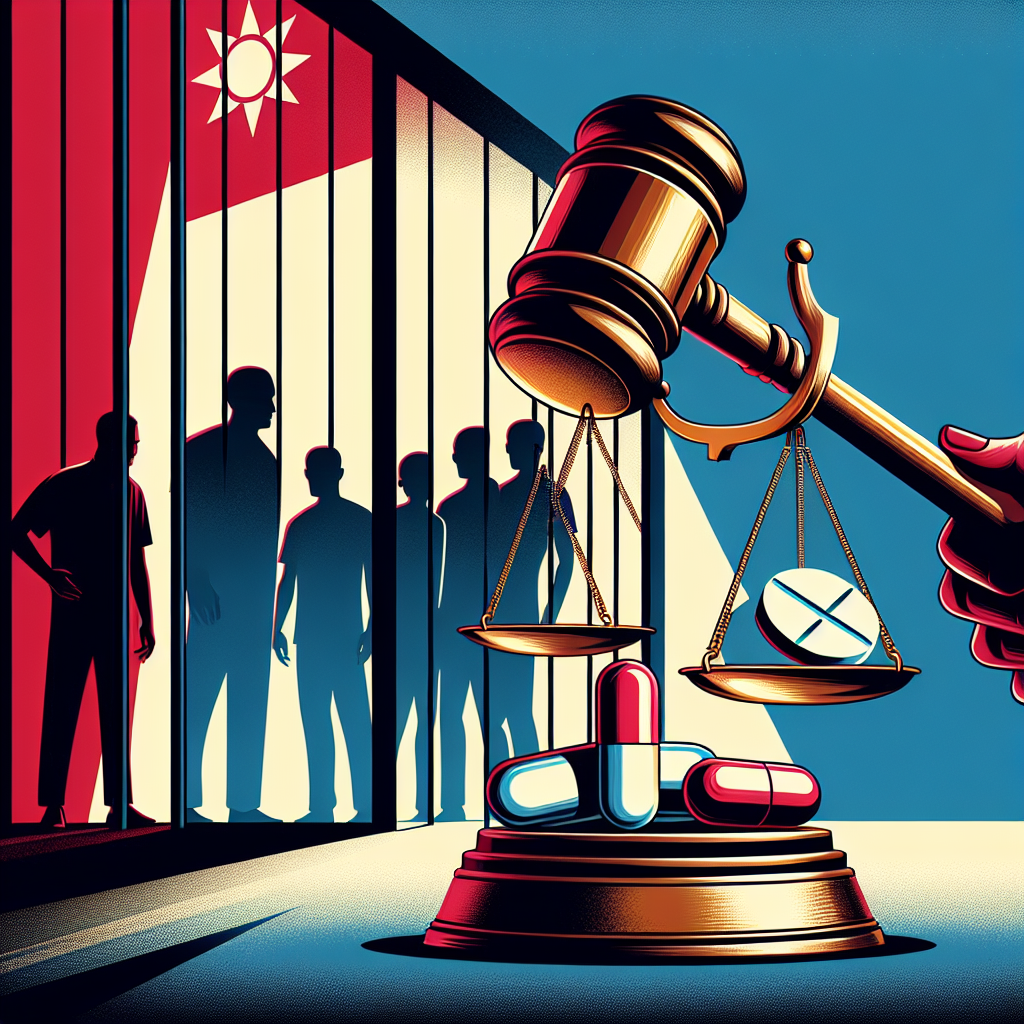 Here's a description for an image based on your requirements:

A stylized illustration shows a Taiwanese judge's gavel striking down on a scale of justice. On one side of the scale sits a symbolic pill representing drugs, while the other side holds a law book. Behind, silhouettes of people stand before prison bars. Bold red and blue colors contrast sharply, creating a dynamic and impactful scene. Clean lines and dramatic lighting emphasize the serious consequences of drug-related crimes.