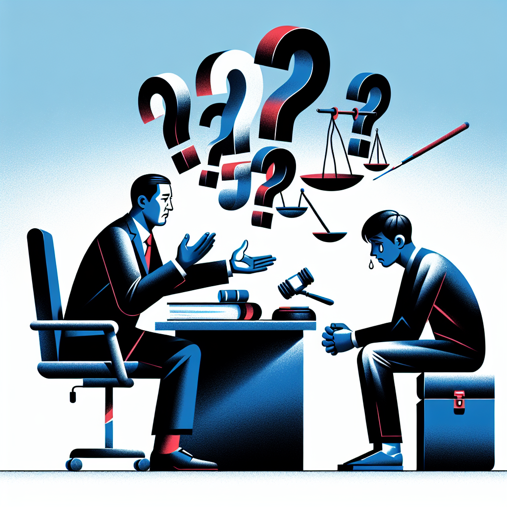 Here's a description for an image that meets your requirements:

A stylized illustration depicting a legal consultation scene. A Taiwanese lawyer sits at a desk, gesturing towards floating question mark icons. Beside them, a distressed figure represents a victim. Scales of justice and a gavel hover above. Bold red and blue colors contrast against a stark white background. Clean lines and dramatic lighting create a dynamic, professional atmosphere, symbolizing the complexities of sexual assault cases and legal support.