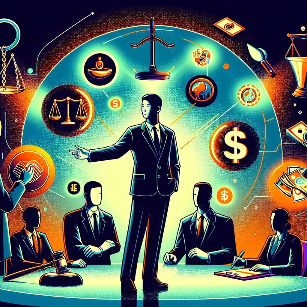 Here's a description for an image based on your requirements:

A stylized illustration depicting a legal consultation scene. A Taiwanese lawyer in a suit stands confidently, gesturing towards floating icons representing money laundering and legal consequences. Bold, contrasting colors and clean lines create a dynamic composition. Symbolic elements like scales of justice, handcuffs, and currency symbols surround the central figures. Dramatic lighting emphasizes key areas, while the overall design maintains a professional and visually engaging atmosphere.