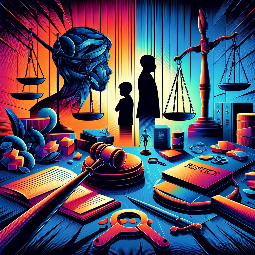 Here's a description for an image that fits your requirements:

A stylized illustration depicts a courtroom scene with bold, contrasting colors. A judge's gavel and scales of justice dominate the foreground. Silhouettes of a child and an adult figure stand on opposite sides, separated by a protective shield. Legal documents and evidence folders scatter across the scene. Symbolic icons representing victim rights and child protection float above. The overall composition uses clean lines and dramatic lighting to create a visually engaging and professional atmosphere, highlighting the serious nature of juvenile sexual assault cases.