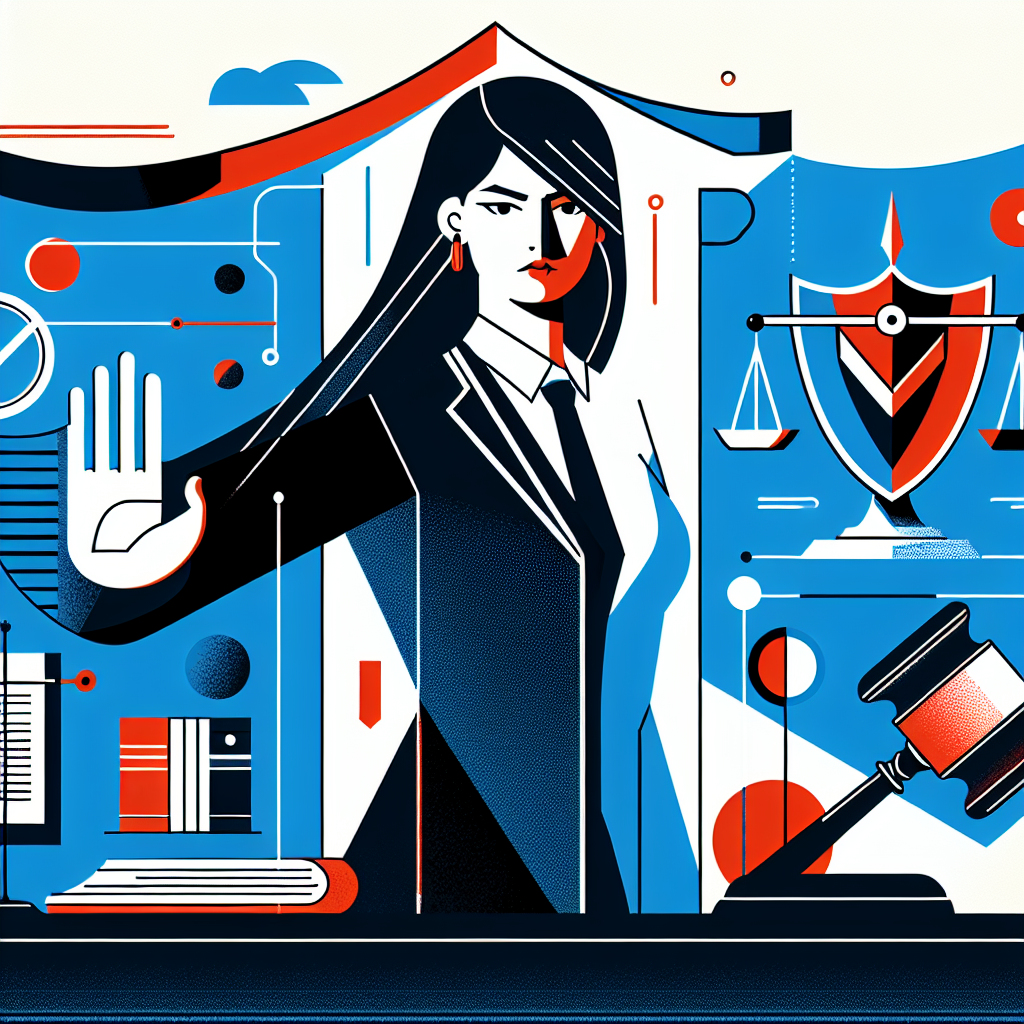 Here's a description for an image based on your requirements:

A stylized illustration shows a confident Taiwanese woman standing tall, arm outstretched in a "stop" gesture. Behind her, a shield symbolizes protection. To her side, a scale represents justice. Bold, contrasting colors of red and blue create a dynamic backdrop. Clean lines form abstract office elements, suggesting a professional setting. Symbolic icons of a gavel, document, and handshake float around, conveying legal themes. The overall composition is visually striking and empowering.