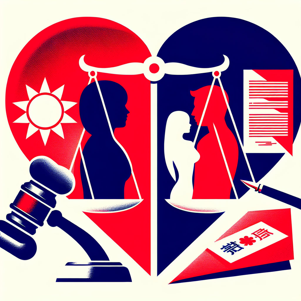 Here's a description for an image to accompany the article section:

A stylized illustration depicting a broken heart symbol split by a gavel, representing marital infidelity and legal consequences. On one side, silhouettes of a Taiwanese couple stand apart, while on the other, legal scales balance documents labeled "rights" and "penalties". Bold red and blue colors contrast against a white background, creating a dynamic and professional composition that visually captures the theme of extramarital affairs and their legal impact.