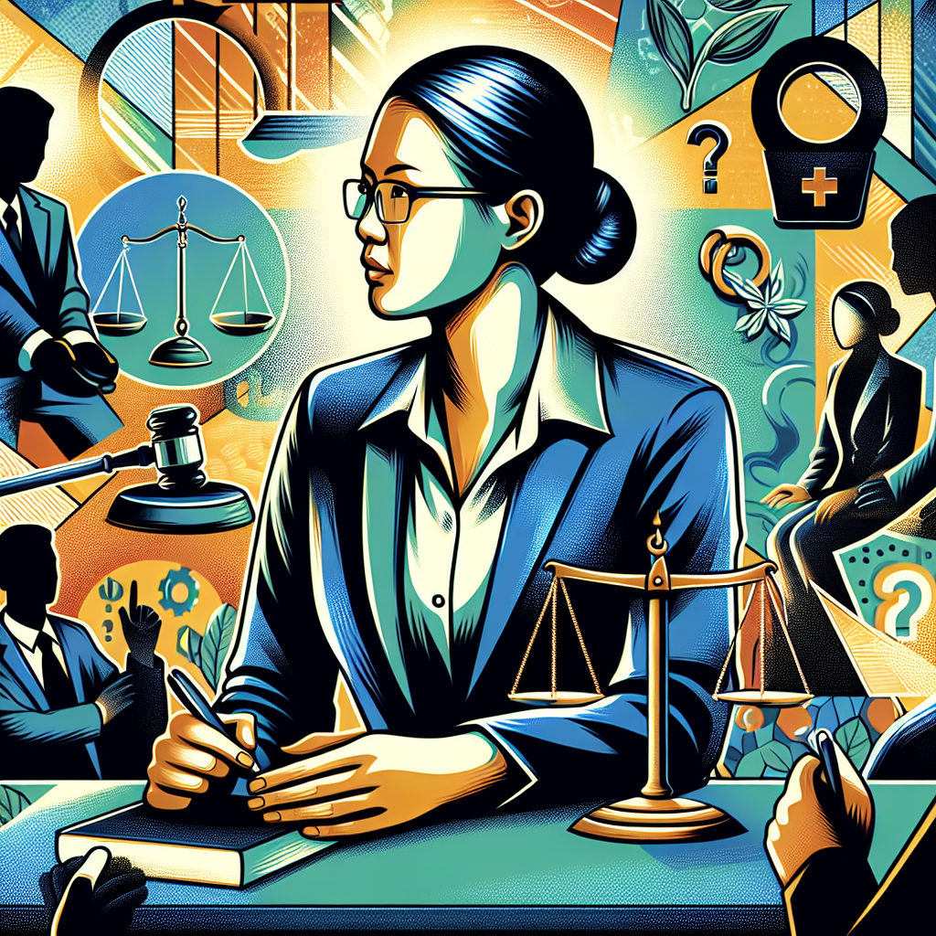 Here's a description for an image based on your requirements:

A stylized illustration shows a Taiwanese lawyer at a desk, answering questions from clients. Bold, contrasting colors and clean lines depict a modern office setting. Symbolic icons like scales of justice, handcuffs, and question marks float around, representing legal concepts. Dramatic lighting casts shadows, creating a dynamic and professional atmosphere. The overall composition balances artistic design with a clear legal consultation theme.