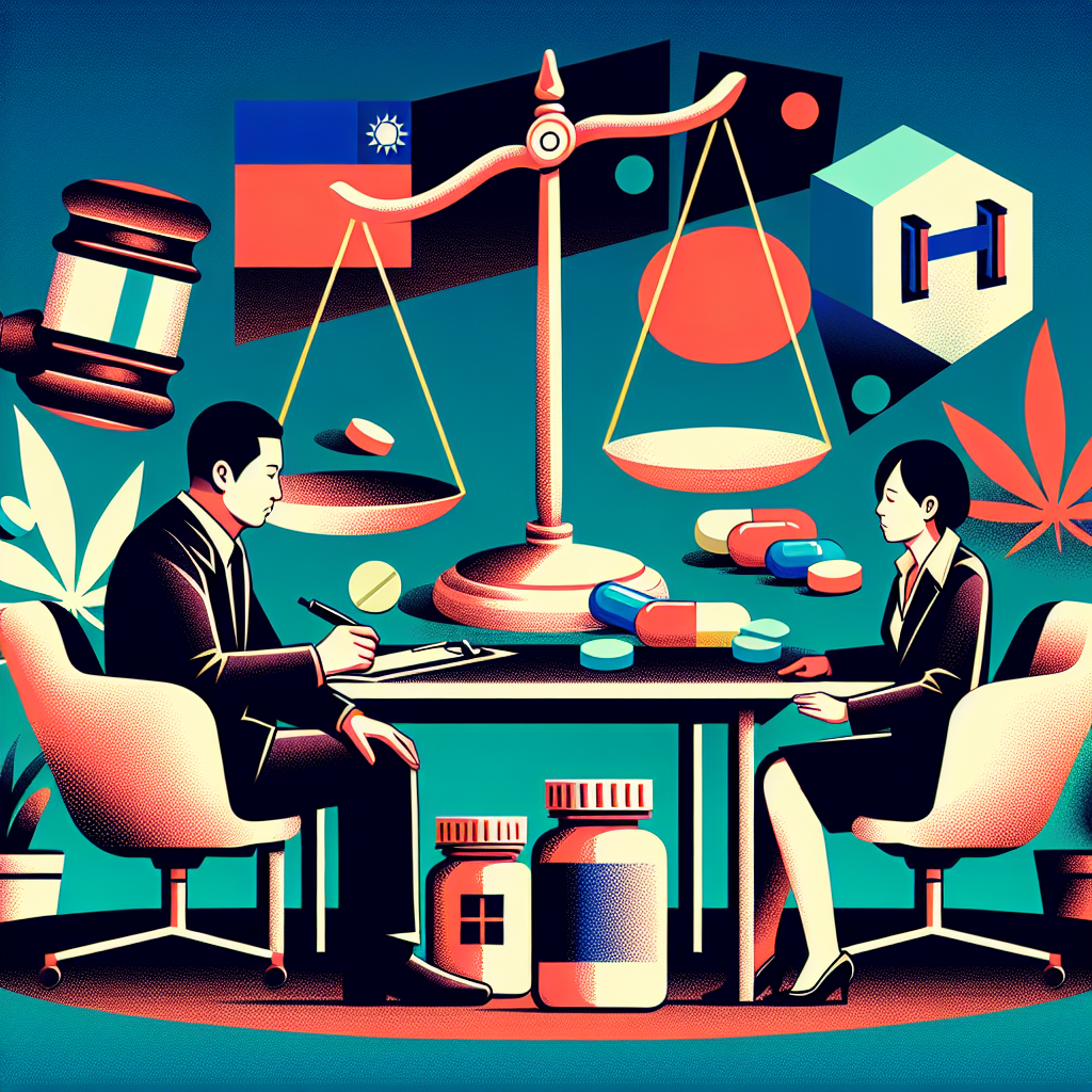 Here's a description for the image:

A stylized illustration depicting a legal consultation scene. A Taiwanese lawyer and client sit at a modern desk, separated by a symbolic scale of justice. Bold, contrasting colors highlight key elements. Pill bottles and legal documents scatter the desk. In the background, abstract shapes represent courtroom and prison imagery. Clean lines and dramatic lighting create a dynamic, professional atmosphere, visualizing the complexities of drug possession defense strategies.