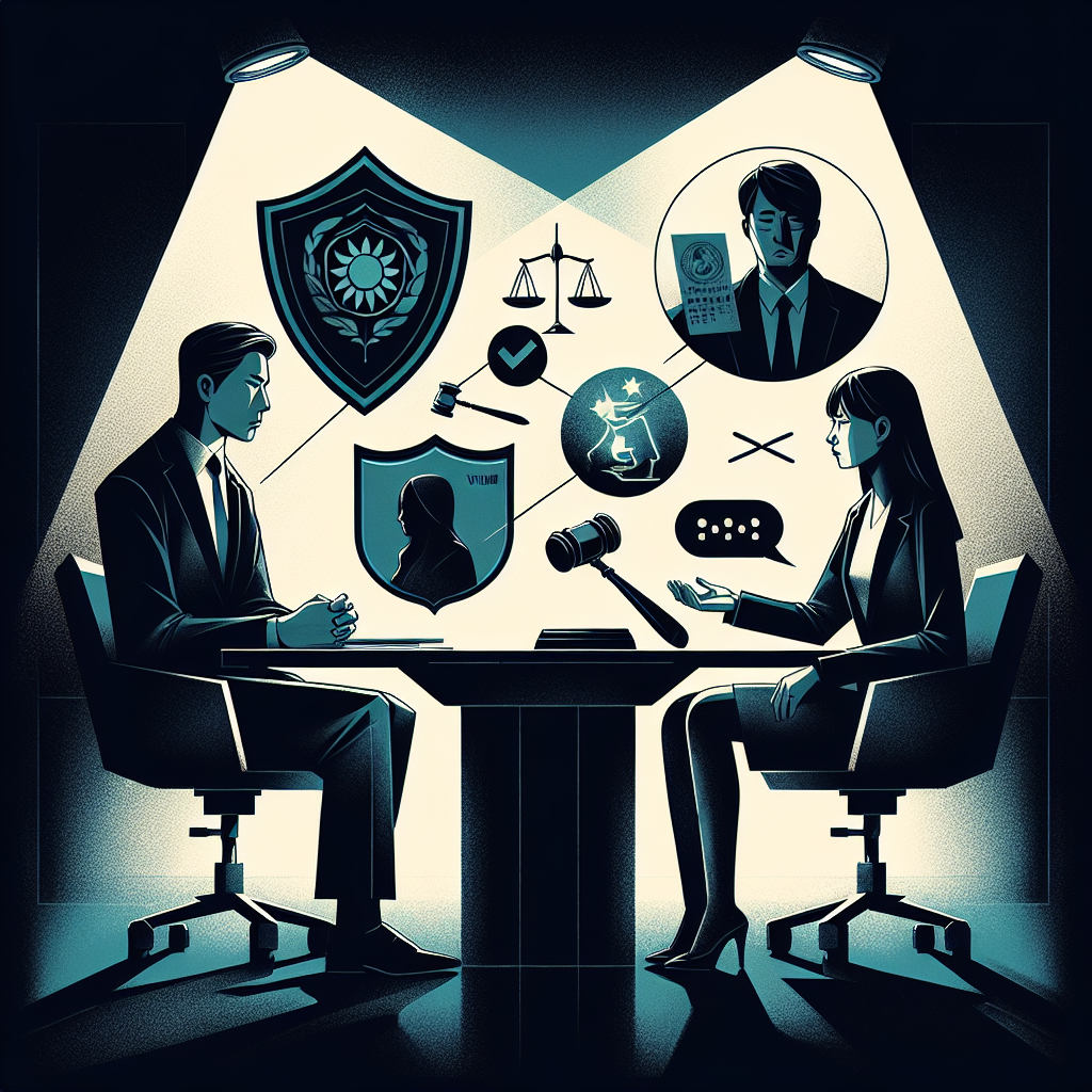 Here's a description for an image based on your requirements:

A stylized illustration depicting a professional legal consultation scene. Two Taiwanese figures - one representing a victim, the other a lawyer - sit at a modern desk. Above them, floating symbolic icons represent key concepts: a shield for protection, a gavel for justice, and a speech bubble crossed out, symbolizing anti-harassment. Bold, contrasting colors and clean lines create a dynamic, visually engaging composition. Dramatic lighting emphasizes the professional atmosphere, while artistic elements convey the serious nature of sexual harassment issues and rights protection.