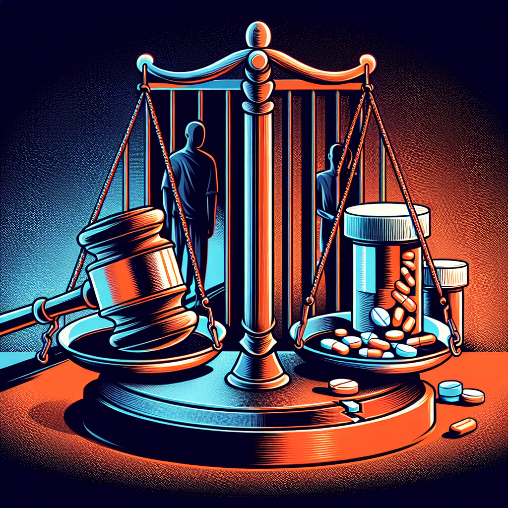 Here's a suitable image description based on your requirements:

A stylized illustration depicting a Taiwanese judge's gavel striking a balance scale. On one side of the scale is a pill bottle, representing drugs, while the other side holds legal documents. Behind the scale, a silhouette of a person stands between prison bars and freedom, symbolizing the consequences of intent to sell drugs. Bold contrasting colors and clean lines create a dynamic, modern art style, conveying the legal complexities of drug-related cases.