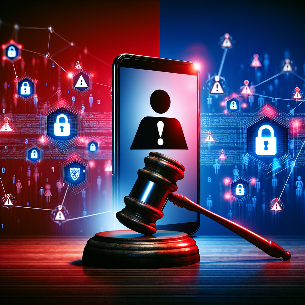 Here's a description for an image to accompany the conclusion section on the crime of fraudulent warning accounts:

A stylized illustration shows a Taiwanese judge's gavel striking down on a smartphone displaying a warning symbol. Behind, silhouettes of people are connected by glowing lines, representing a network. Bold red and blue colors contrast against a stark white background. Floating icons of locks, shields, and paragraphs symbolize legal protection and regulations. The composition conveys a sense of justice and cybersecurity in a modern, dynamic style.