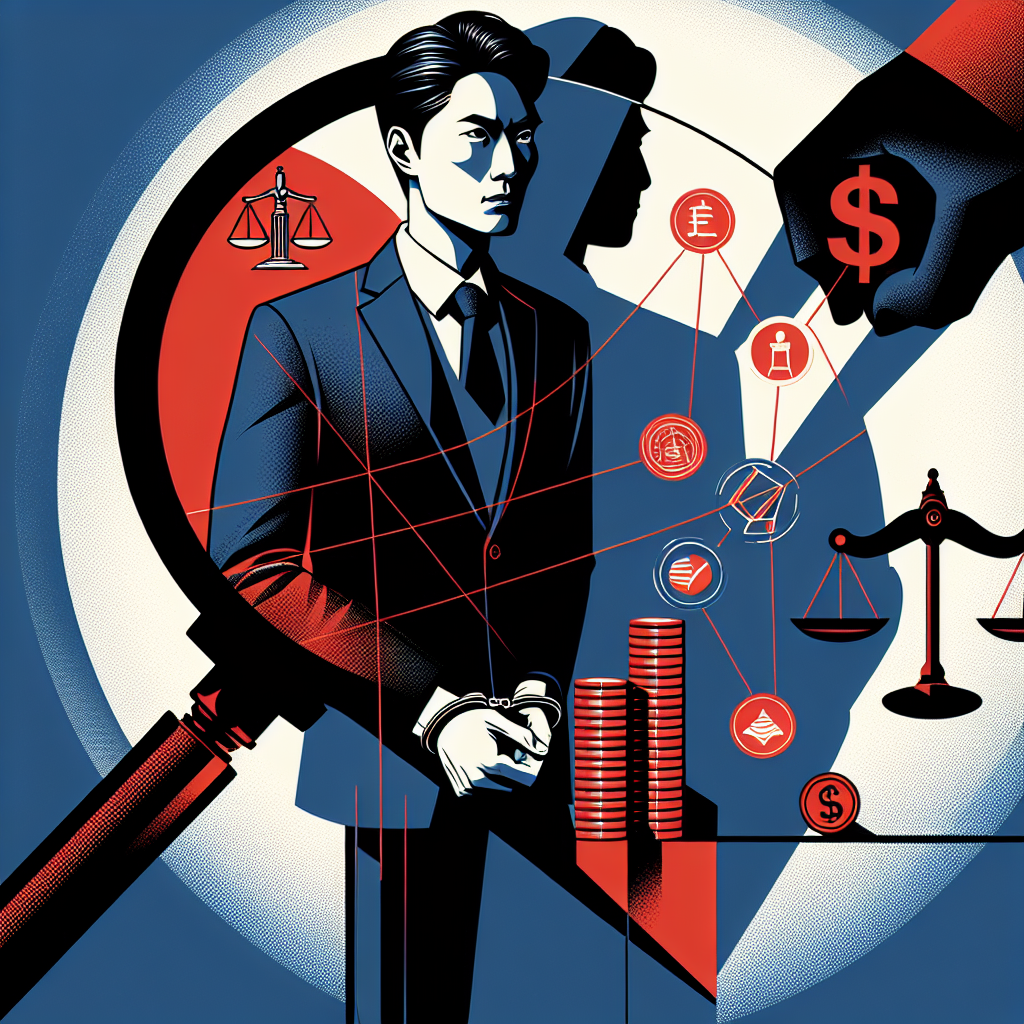 Here's a description for an image based on your requirements:

A stylized illustration shows a Taiwanese businessman in a suit, his shadow casting the shape of handcuffs. He stands before a large magnifying glass revealing icons of money, contracts, and scales of justice. Bold red and blue lines intersect, creating a dynamic background. A silhouette of a judge's gavel looms overhead, symbolizing legal consequences. The composition uses clean lines and dramatic lighting to convey a sense of corporate wrongdoing and legal scrutiny.