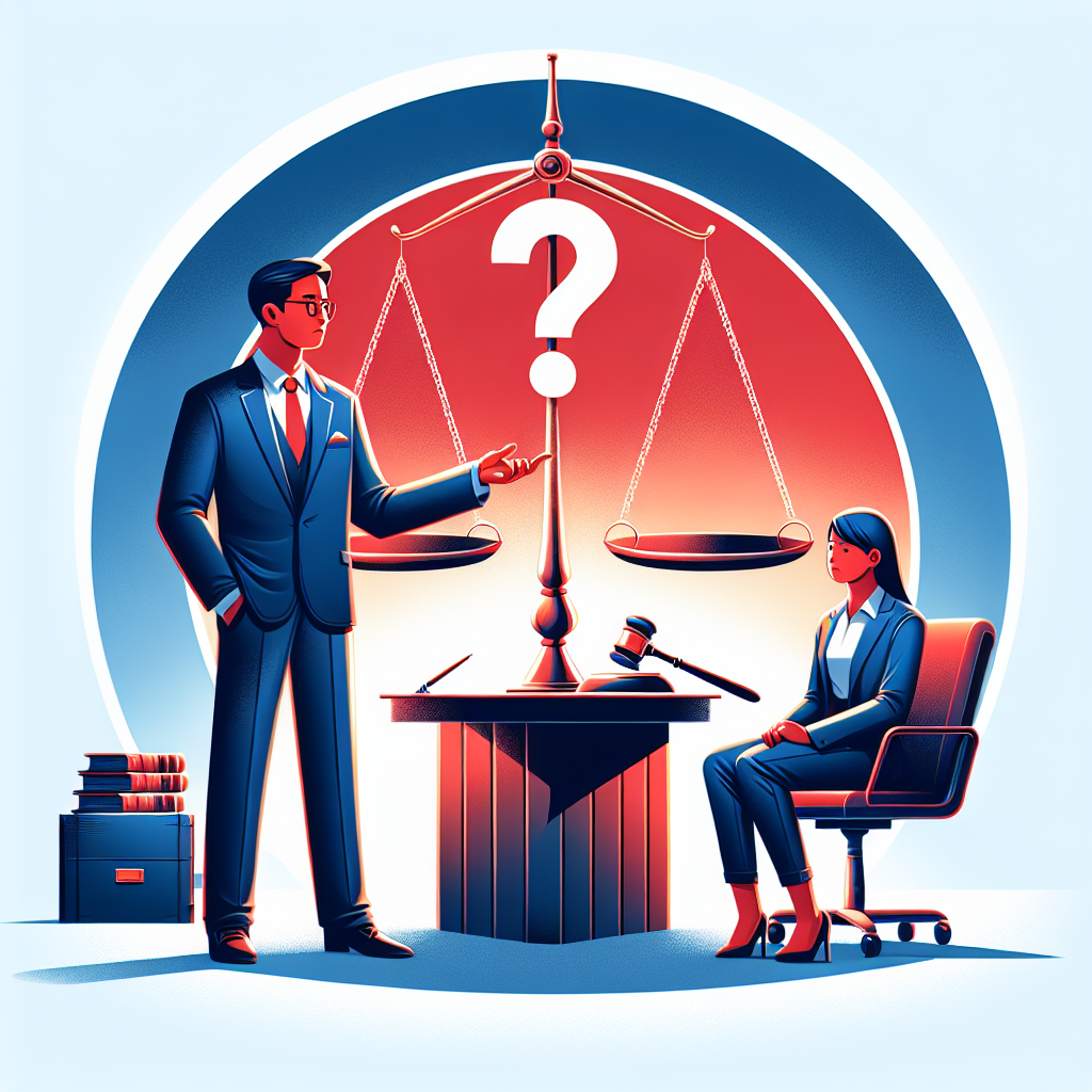 Here's a description for an image that meets your requirements:

A stylized illustration depicting a legal consultation scene. A Taiwanese lawyer stands confidently, gesturing towards floating question mark icons. Opposite, a concerned client sits at a desk. Between them, a large scale symbolizes justice. Bold red and blue tones contrast against a crisp white background. Clean lines and dramatic lighting create a dynamic, professional atmosphere. Symbolic elements like a gavel and law books add legal context.