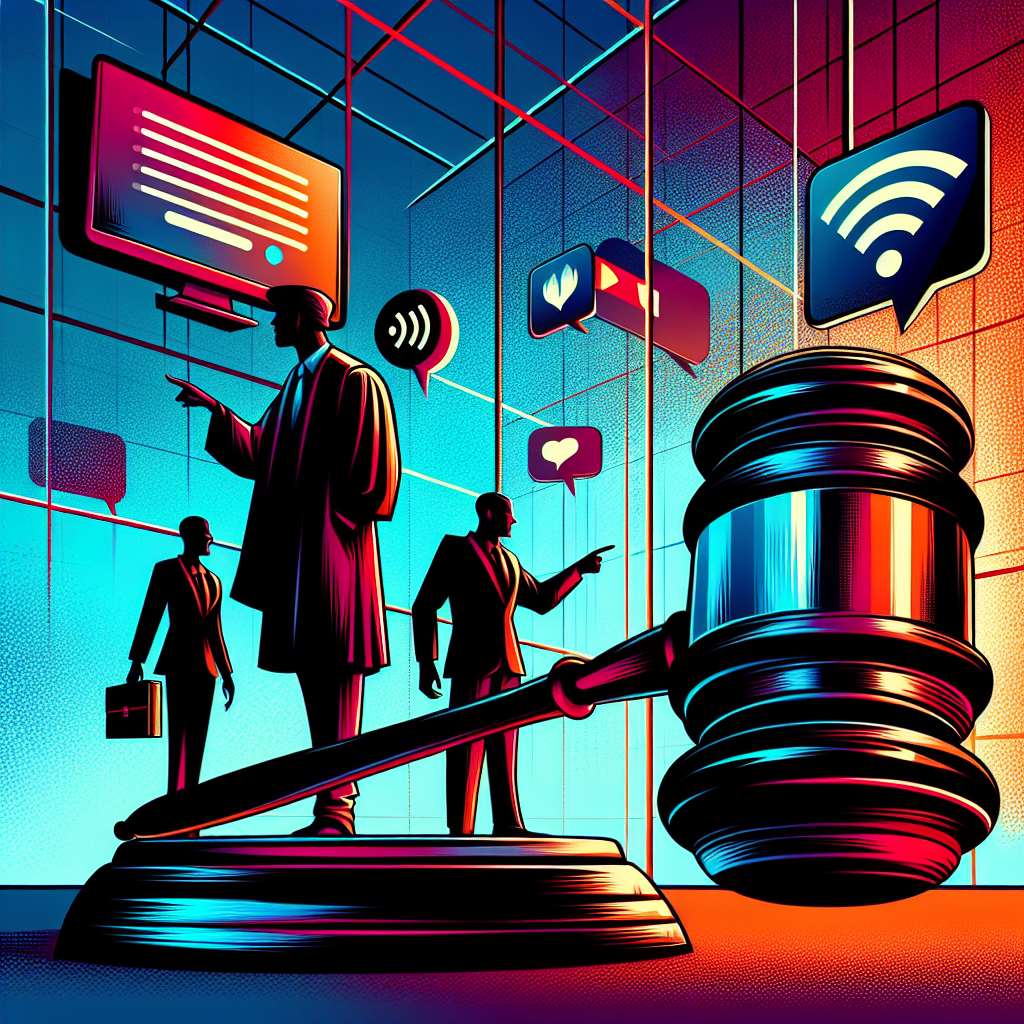 Here's a suitable image description based on your requirements:

A stylized illustration depicting a courtroom scene with bold, contrasting colors. A judge's gavel looms large in the foreground, symbolizing justice. Behind it, silhouettes of two figures face off - one pointing accusingly, the other defensively gesturing. Above them, floating speech bubbles and a Wi-Fi symbol represent online communication. The background features a grid of computer screens, emphasizing the digital nature of the case. Clean lines and dramatic lighting create a dynamic, modern art aesthetic.