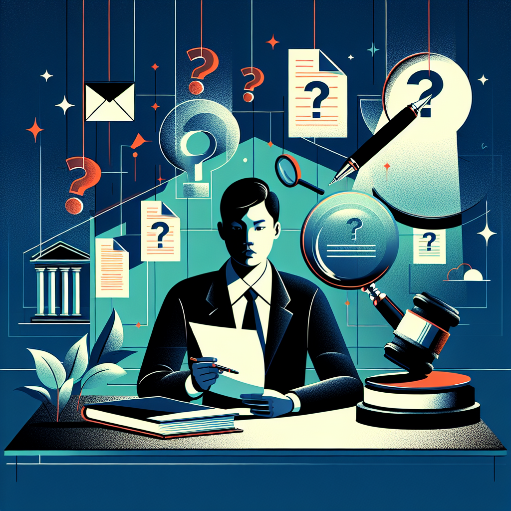 圖片描述:

A stylized modern art illustration depicting a legal consultation scene. A Taiwanese lawyer sits at a desk, surrounded by floating question mark icons and document symbols. Bold, contrasting colors and clean lines create a dynamic composition. A large magnifying glass hovers over an official-looking paper, symbolizing scrutiny of documents. The background features a simplified courtroom silhouette, conveying the legal theme. Dramatic lighting adds depth, while the overall design remains professional and visually engaging.