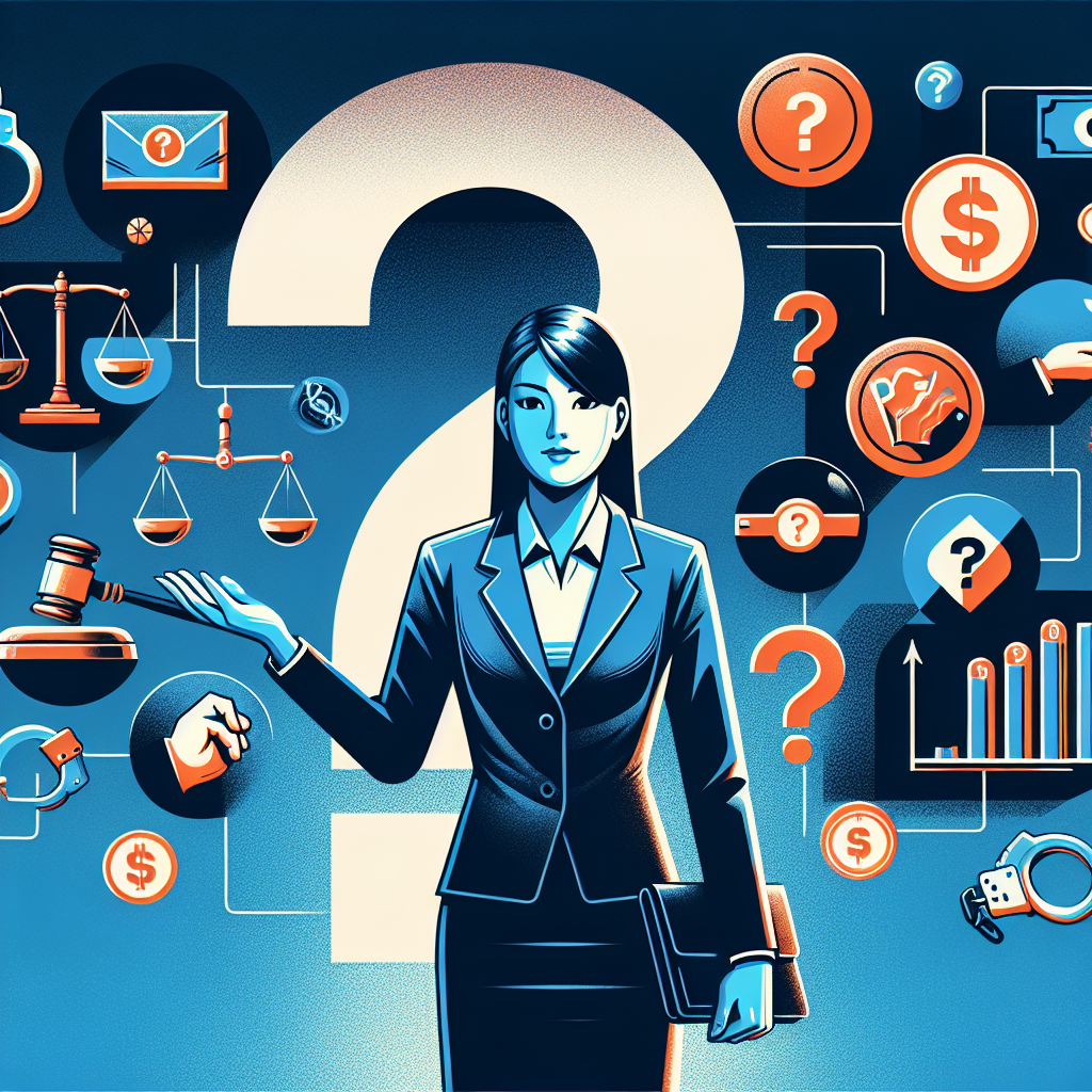 Here's a description for an image that fits your requirements:

A stylized illustration depicting a Taiwanese legal professional standing confidently in the foreground, gesturing towards floating icons representing money laundering and economic crimes. Behind them, a large question mark looms, filled with symbolic images of courtrooms, handcuffs, and financial symbols. Bold contrasting colors of navy blue and bright orange create a dynamic, professional atmosphere. Clean lines and dramatic lighting emphasize key elements, conveying a sense of legal consultation and expertise in addressing common questions about financial crimes.