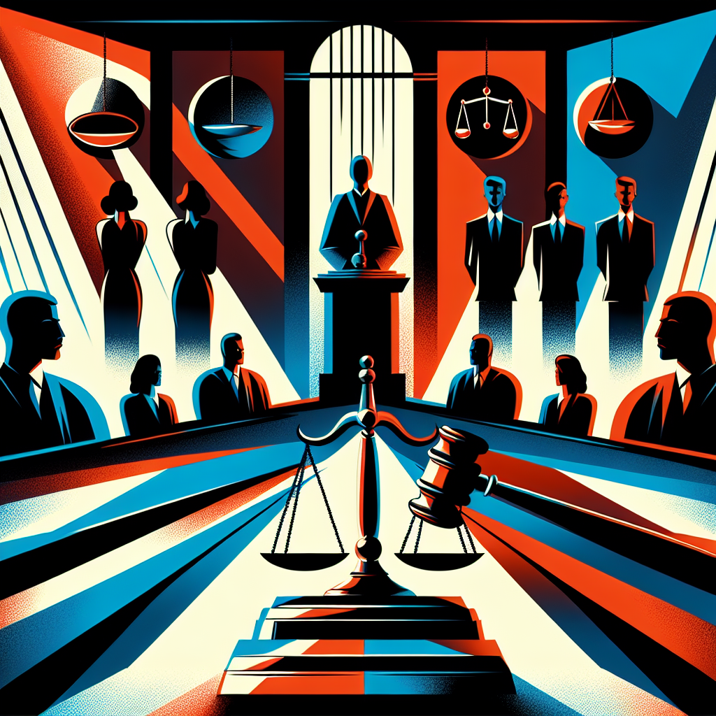 Here's a description for an image that meets your requirements:

A stylized courtroom scene with bold contrasting colors. A judge's gavel and scales of justice dominate the foreground. In the background, silhouettes of lawyers and witnesses stand at podiums. Symbolic icons representing truth and falsehood float above. Dramatic lighting casts long shadows, creating a tense atmosphere. The overall design is modern and visually striking, conveying the serious nature of perjury laws.