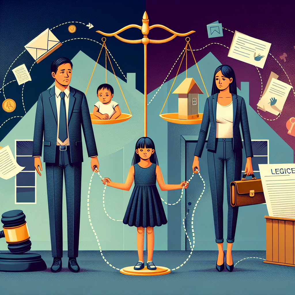 Here's a description for an image to accompany the article section:

A stylized illustration showing two Taiwanese parents standing on opposite sides, with a child in the center. The parents are connected by a dotted line, symbolizing shared custody. Above them, a balanced scale represents justice. Legal documents and a gavel float nearby. The background features a split house icon, representing divided households. Bold colors and clean lines create a modern, professional feel, while dramatic lighting adds depth to the scene.