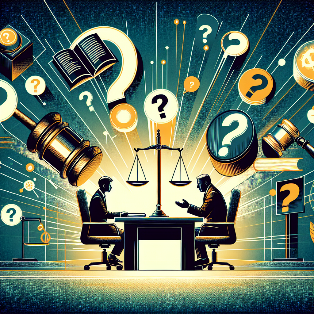 Here's a description for an image based on your requirements:

A stylized modern illustration depicting a legal consultation scene. A Taiwanese lawyer and client sit at a desk, surrounded by floating question mark icons and legal document symbols. Bold contrasting colors and clean lines create a dynamic composition. A large gavel and scales of justice hover dramatically in the background, symbolizing the legal process. The overall feel is professional yet visually engaging, with dramatic lighting highlighting key elements.