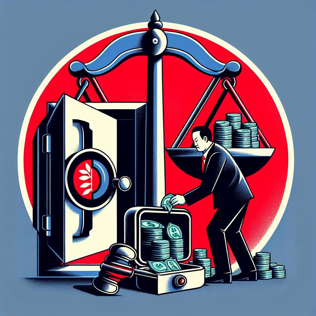 Here's a image description based on your requirements:

A stylized illustration depicting a Taiwanese businessman in a suit covertly pocketing money from an open safe. Behind him, a large scales of justice looms, tilting off-balance. Bold red and blue colors contrast sharply, creating a dramatic effect. Clean lines form abstract legal icons like gavel and handcuffs in the background. The scene conveys tension between temptation and law, symbolizing the concept of embezzlement.