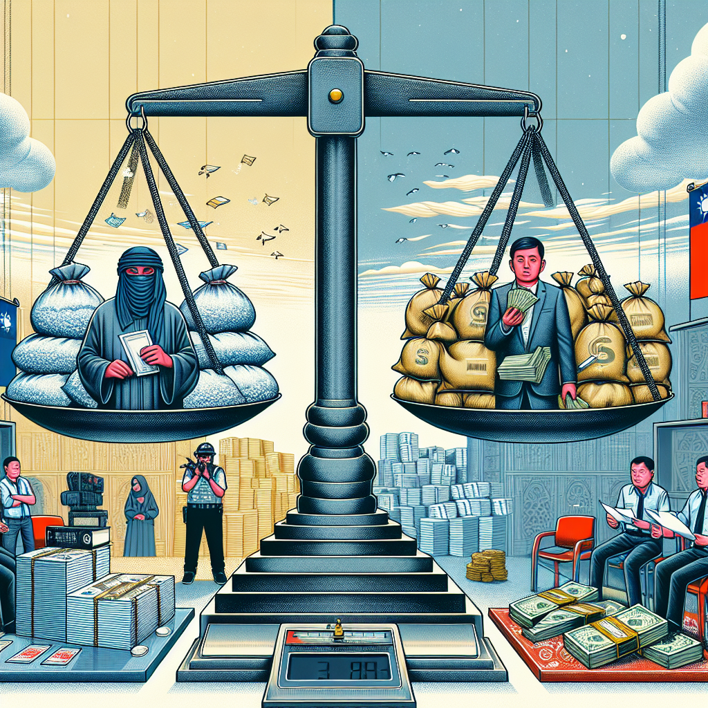 Here's a description for the image:

A stylized illustration depicting a split scene: one side shows a person holding a small bag, representing drug possession, while the other shows multiple bags and money, symbolizing drug trafficking. A large scale of justice divides the image, with different weights on each side, highlighting the legal distinctions. Bold colors and clean lines create a dynamic, modern art style. Taiwanese figures in professional attire consult near legal icons, conveying the theme of legal consultation.