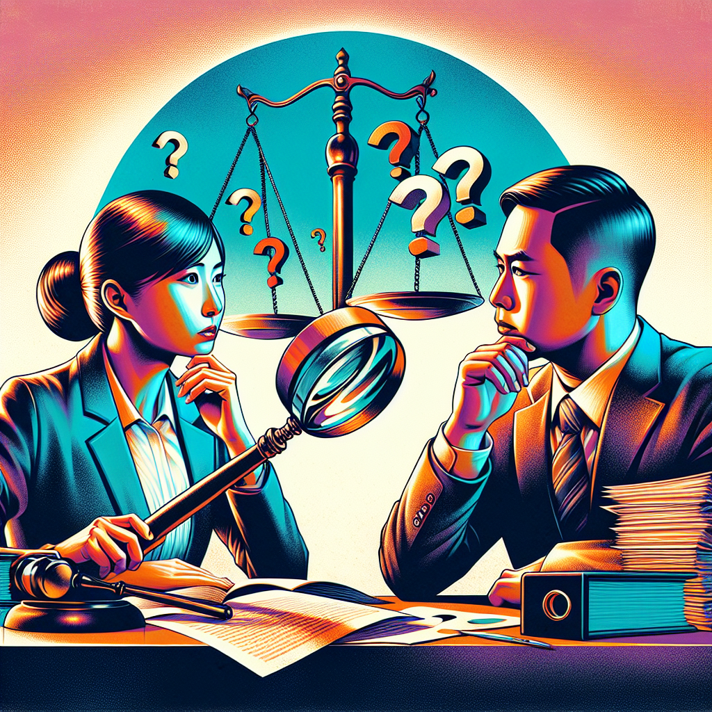 Here's a description for an image based on your requirements:

A stylized modern art illustration depicting a legal consultation scene. A Taiwanese lawyer and client sit across a desk, with dramatic lighting highlighting their serious expressions. Symbolic icons float above - scales of justice, question marks, and evidence folders. Bold contrasting colors and clean lines create a dynamic, professional atmosphere. A magnifying glass hovers over documents, emphasizing the search for truth in complex cases.