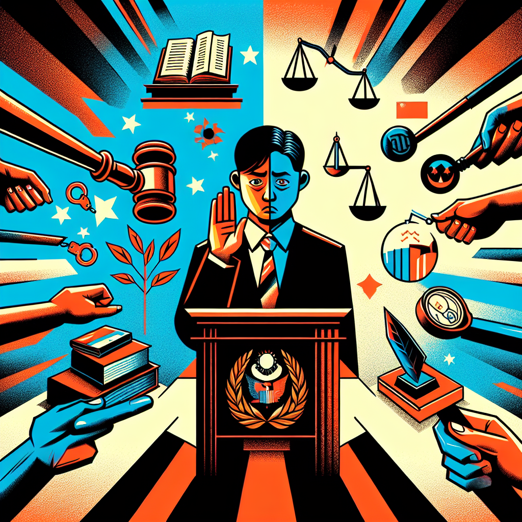 Here's a description for an image based on your requirements:

A stylized illustration shows a courtroom scene with bold, contrasting colors. A witness stand is prominently featured, with a nervous-looking Taiwanese person taking an oath. Looming over them is an oversized gavel and scales of justice. Sharp, clean lines divide the image into sections representing truth and falsehood. Symbolic icons of law books, handcuffs, and a lie detector float in the background, creating a dynamic and visually engaging composition that highlights the consequences of perjury.