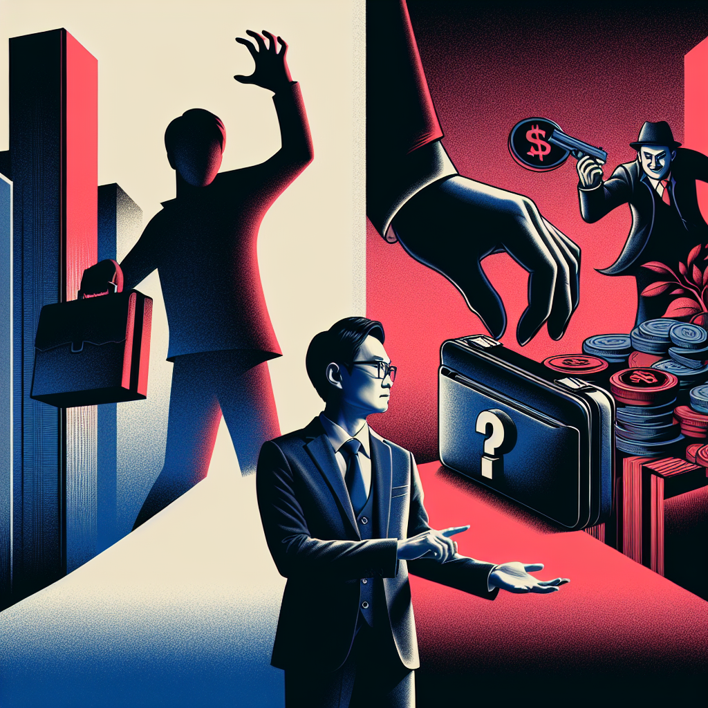 Here's a description for an image based on your requirements:

A stylized illustration shows two contrasting scenes side-by-side. On the left, a shadowy figure reaches for a briefcase, symbolizing embezzlement. On the right, a hand snatches a wallet, representing theft. A large question mark hovers above, connecting the scenes. In the foreground, a Taiwanese lawyer in professional attire gestures towards the scenes, as if explaining. Bold red and blue colors dominate, with clean lines and dramatic lighting enhancing the modern art style.