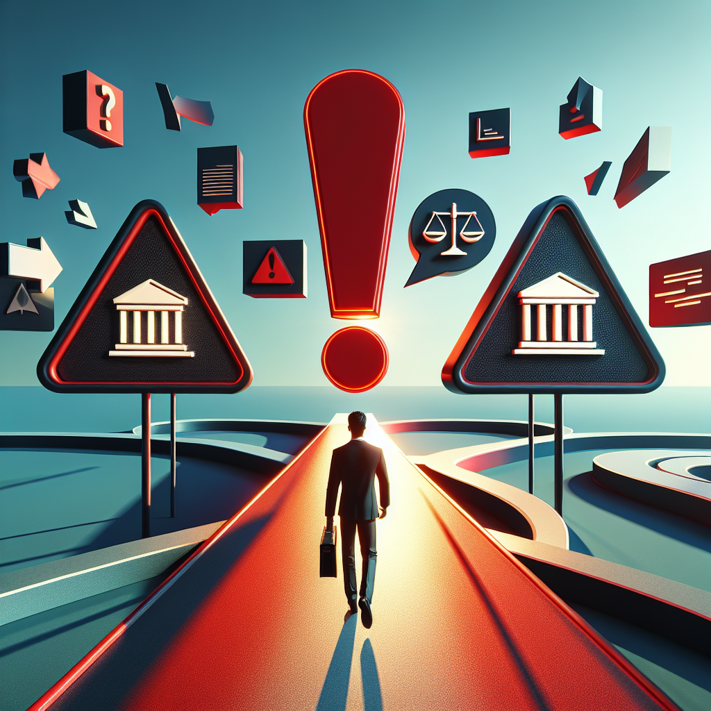 Here's a description for an image that fits your requirements:

A stylized illustration shows a Taiwanese businessperson standing at a crossroads. One path leads to a giant red exclamation mark, symbolizing the warning account. The other path leads to a courthouse icon. Bold, contrasting colors and clean lines create a dynamic scene. Dramatic lighting casts long shadows, adding tension. Floating legal symbols and document icons surround the figure, conveying the legal consultation theme in a modern, visually engaging style.