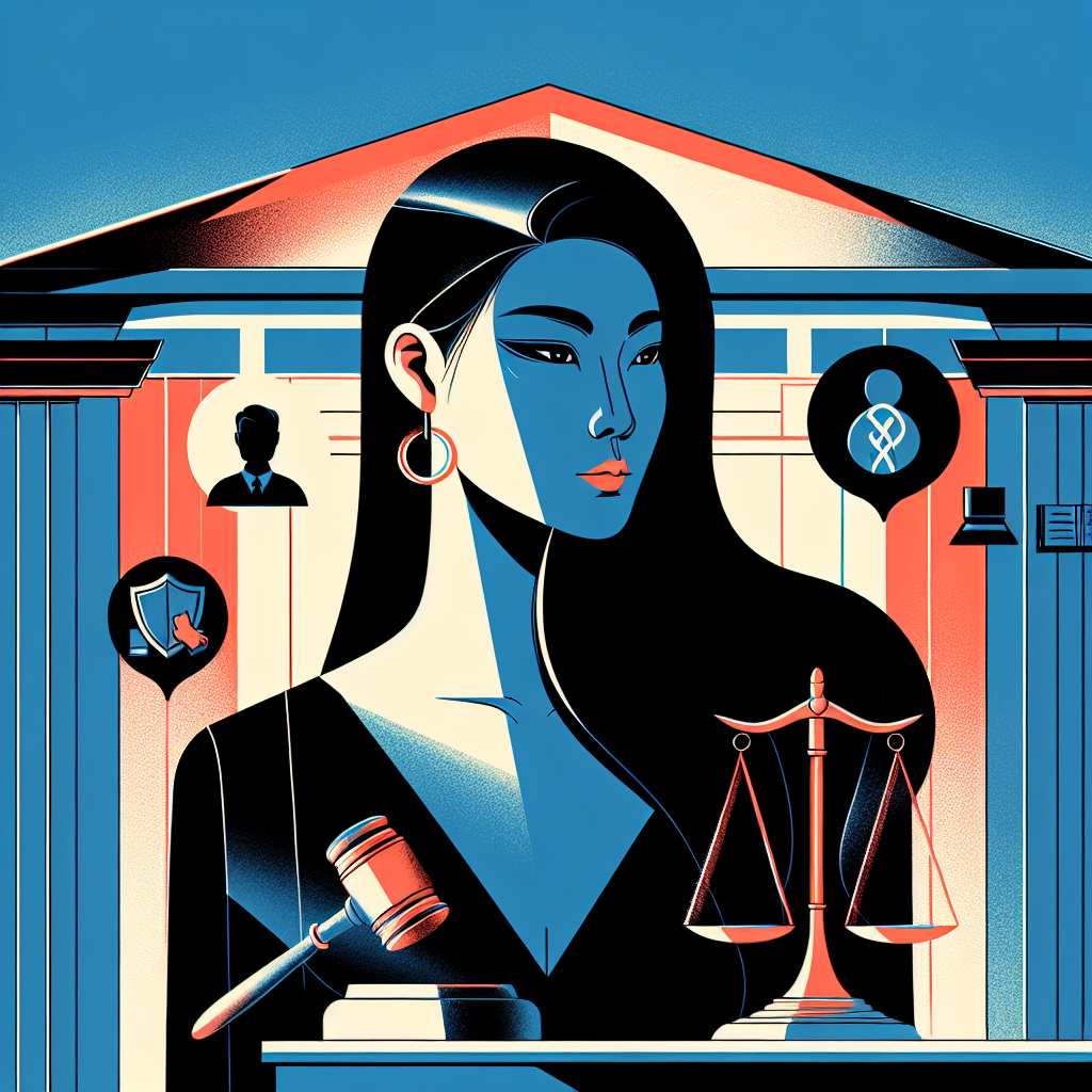 Here's a description for an image based on your requirements:

A stylized illustration shows a Taiwanese woman standing confidently, surrounded by legal symbols like scales of justice and gavel. Bold, contrasting colors highlight key elements. Clean lines form a courthouse backdrop. Icons representing victim support and legal protection float around her. Dramatic lighting casts empowering shadows, creating a visually engaging and professional scene that symbolizes justice and empowerment for sexual assault survivors.