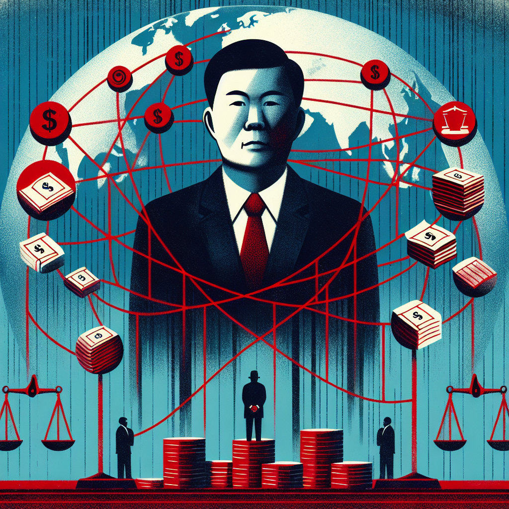 Here's a description for the image based on your requirements:

A stylized illustration depicting a Taiwanese businessman in a suit, surrounded by symbolic elements of money laundering and fraud. Stacks of cash, a globe, and interconnected nodes represent the international nature of the crime. Bold red lines connect these elements, forming a web-like structure. In the background, silhouettes of legal scales and gavel symbols contrast with vibrant blue tones, emphasizing the legal aspects of the case study.