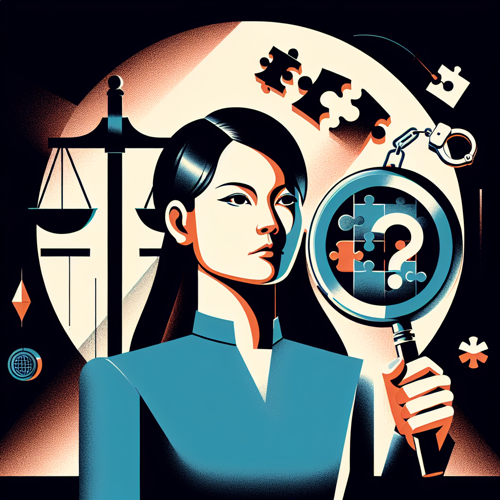 Here's a suitable image description based on your requirements:

A stylized modern illustration depicting a Taiwanese legal professional standing before a large magnifying glass. The magnifying glass reveals intricate puzzle pieces representing the elements of fraud assistance. Bold contrasting colors and clean lines emphasize key legal concepts. Symbolic icons of scales, handcuffs, and documents float around the scene. Dramatic lighting casts shadows, creating a dynamic and visually engaging composition that conveys the complexity of legal consultation and analysis.