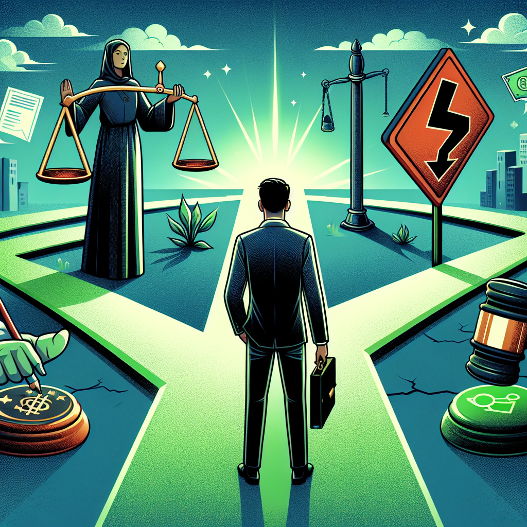 Here's a description for an image based on your requirements:

A stylized illustration shows a Taiwanese businessman at a crossroads. On one path, legal icons like scales and a gavel glow in green. The other path leads to red warning signs. A lawyer figure gestures toward the green path. Bold lines and contrasting colors create a dynamic, modern art style. Symbolic elements like contracts and handshakes float around, representing trust and professional conduct.