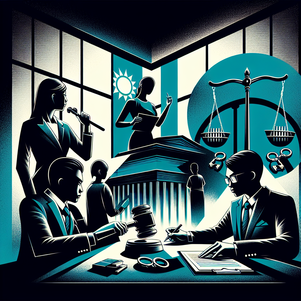 Here's a description for an image that meets your requirements:

A stylized illustration depicting a courtroom scene with bold, contrasting colors. A judge's gavel and scales of justice symbolize legal proceedings. Silhouettes of a young person and an adult figure represent the case subjects. Taiwanese legal professionals in suits consult documents. Icons of handcuffs and a prison cell float above, suggesting criminal penalties. The composition uses clean lines and dramatic lighting to create a visually engaging, professional atmosphere.