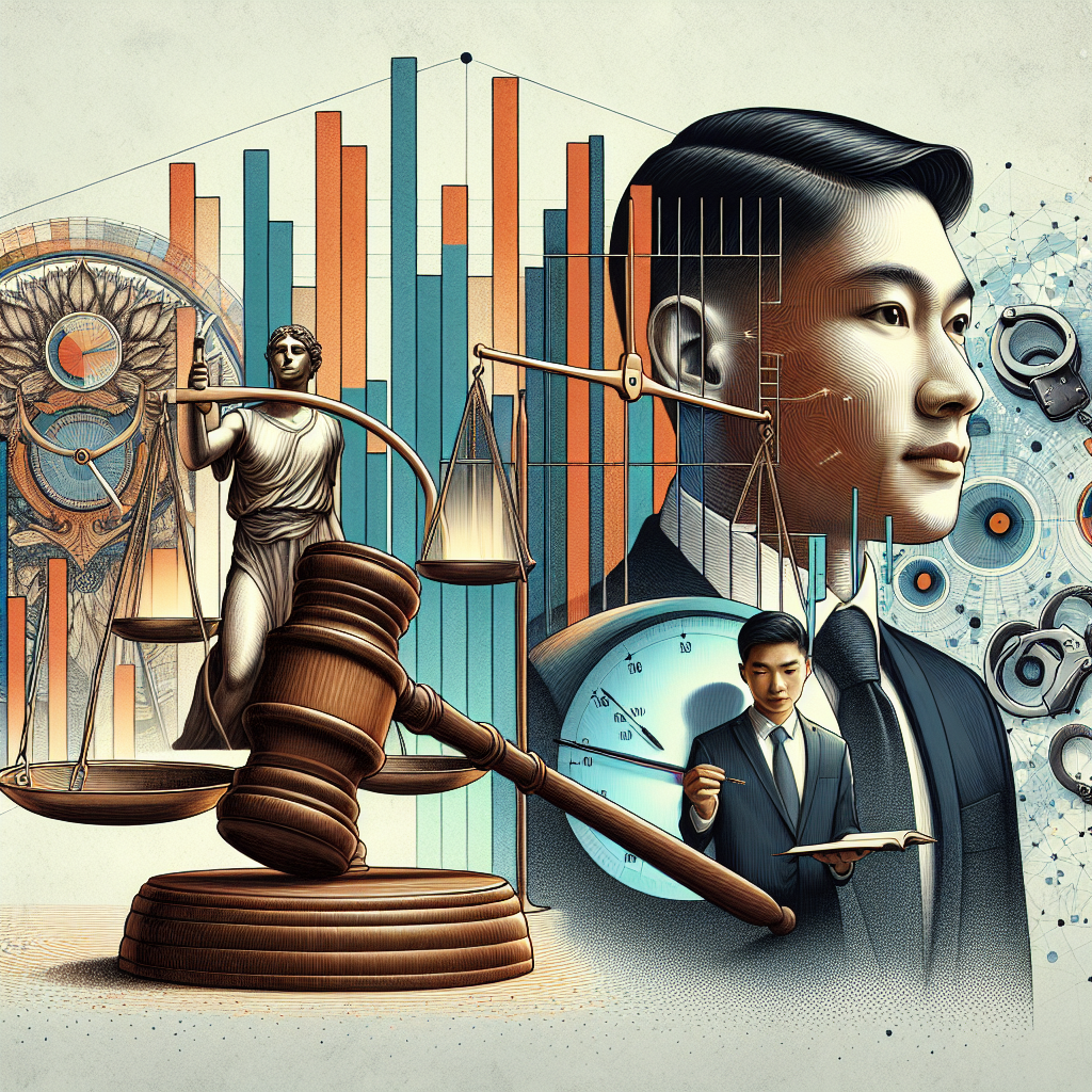 Here's a description for an image based on your requirements:

A stylized illustration shows a judge's gavel balanced on a scale, symbolizing justice. Beside it, a clock face morphs into a prison cell, representing time served. A professional Taiwanese lawyer consults with a client, gesturing to a chart with ascending bars, depicting sentence calculation. Bold, contrasting colors and clean lines create a dynamic, modern art style. Symbolic icons of law books and handcuffs float in the background, adding depth to the legal theme.