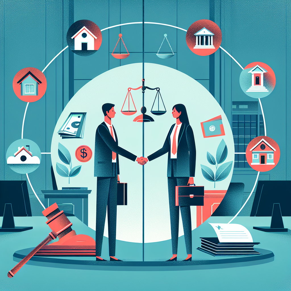 Here's a description for the image:

A stylized illustration shows two Taiwanese professionals shaking hands over a divided circle representing shared assets. Bold, contrasting colors and clean lines depict a legal office setting. Symbolic icons of houses, cars, and money float above. A gavel and scales of justice balance the composition, creating a dynamic and visually engaging scene that conveys successful property division negotiation in divorce.