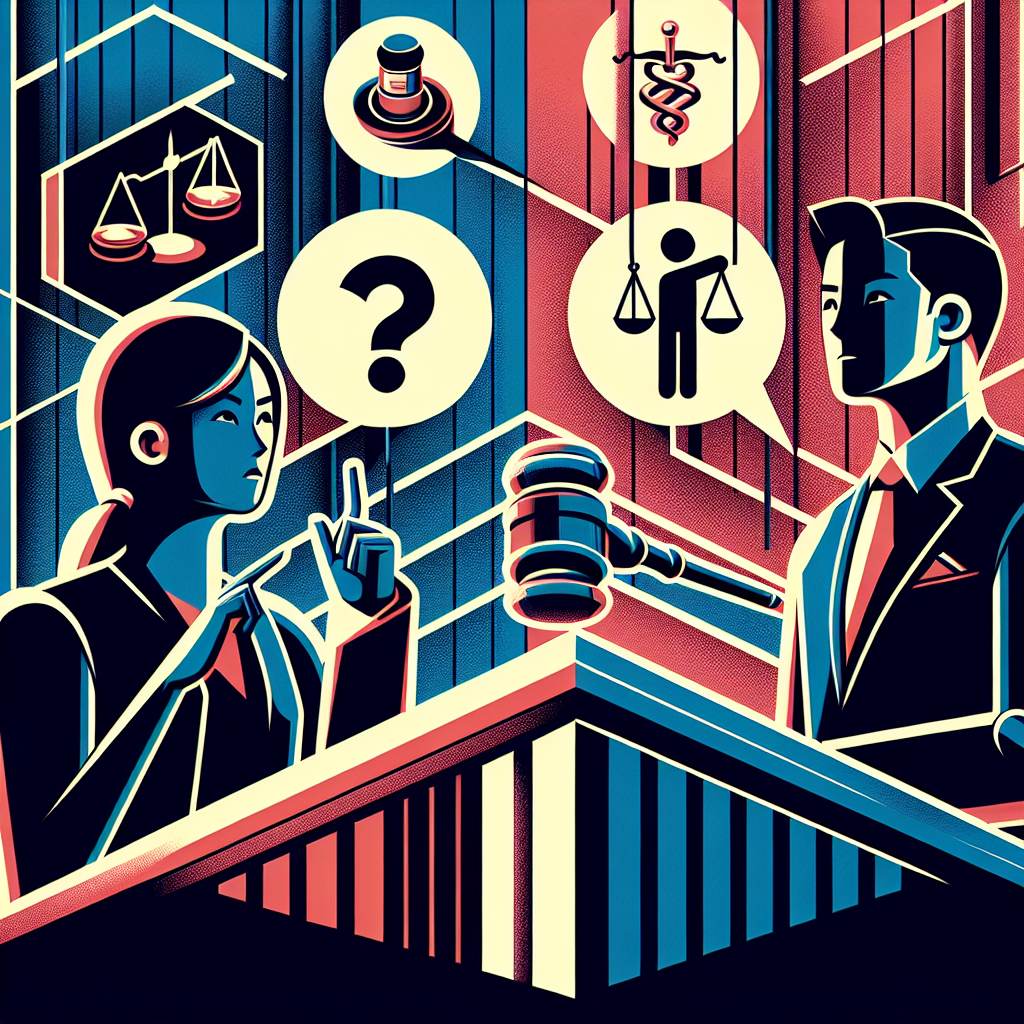 Here's a description for an image that fits your requirements:

A stylized illustration showing a courtroom scene with bold, contrasting colors. A judge's gavel and scales of justice are prominently displayed. Two Taiwanese lawyers face each other, one gesturing to a question mark icon. Behind them, symbolic icons represent different types of injuries. The background features clean lines forming a legal document pattern. Dramatic lighting casts shadows, creating a dynamic and professional atmosphere.