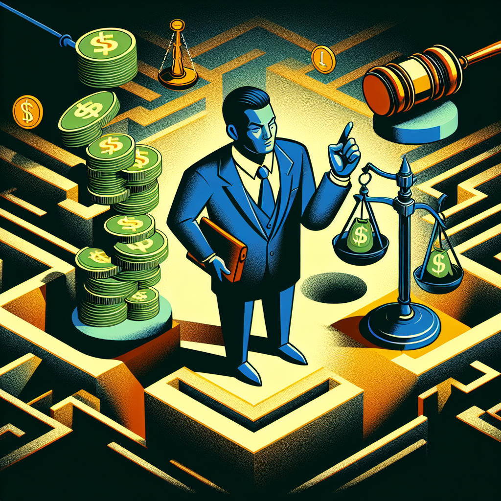 Here's a description for an image that fits your requirements:

A stylized illustration showing a Taiwanese lawyer in a suit, gesturing towards floating icons representing money laundering concepts. Bold, contrasting colors highlight a scales of justice, stacks of cash, and a gavel. Clean lines form a maze-like background, symbolizing complex legal pathways. Dramatic lighting casts shadows, creating a dynamic and professional atmosphere that visually engages viewers on the topic of money laundering laws and their application.