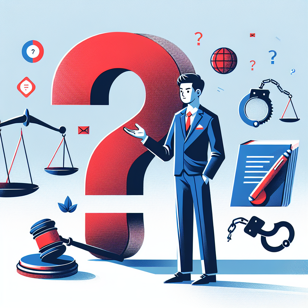 Here's a description for an image based on your requirements:

A stylized illustration depicting a legal consultation scene. A Taiwanese lawyer stands confidently, gesturing toward a large question mark. Symbolic icons of a gavel, scales of justice, and handcuffs float around. Bold red and blue colors contrast against a clean white background. Dramatic lighting casts shadows, creating depth. The overall composition is dynamic and visually engaging, conveying the theme of frequently asked questions about perjury and sentencing standards in a modern, professional style.