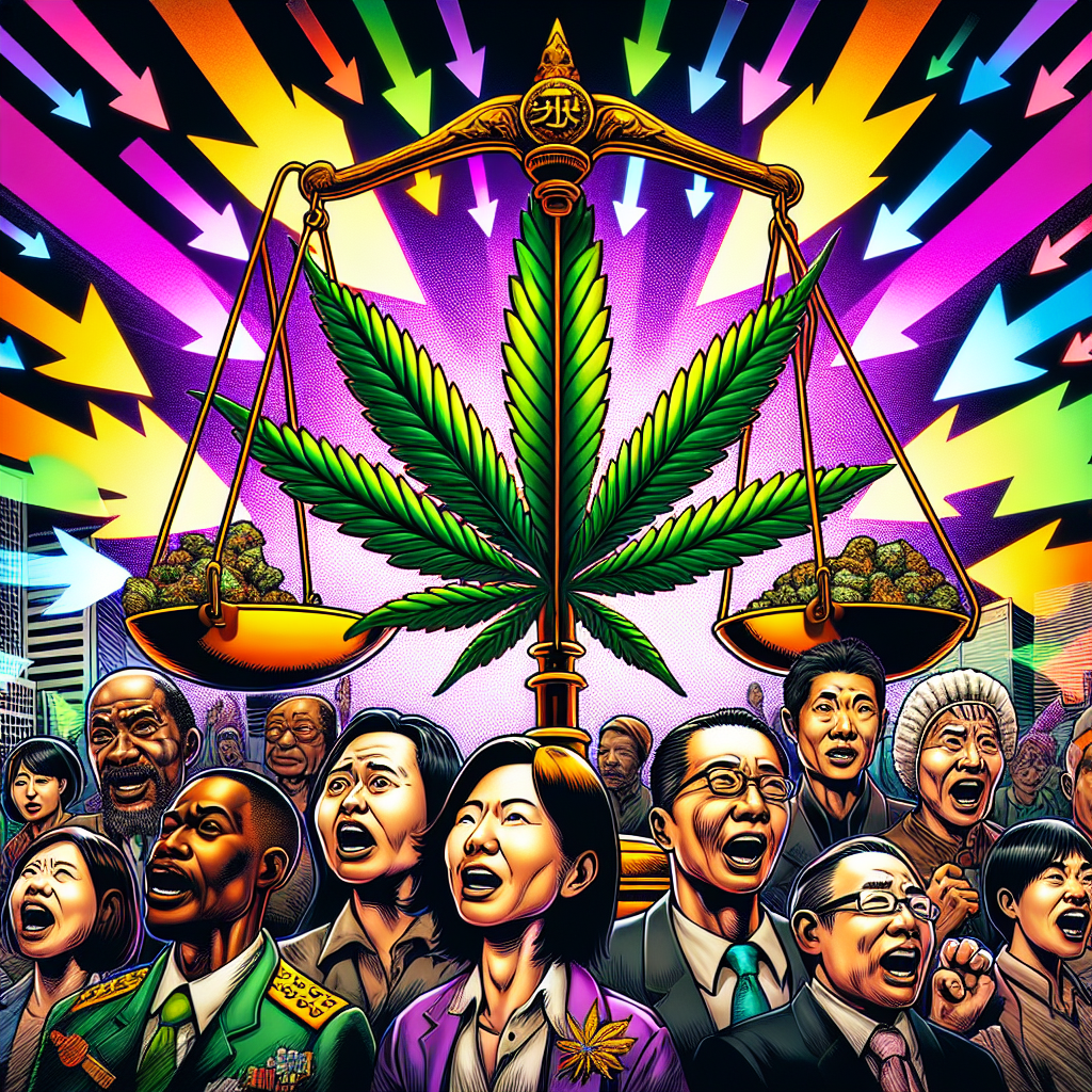 圖片描述：

一幅充滿動感的漫畫風格插圖，展現台灣大麻法律環境的變化。中央是一個巨大的天平，一側放著大麻葉，另一側是法律書籍。周圍是誇張表情的台灣人物形象，代表不同立場：警察、法官、醫生和普通民眾。背景有彩色箭頭指向不同方向，暗示趨勢的多變性。整體色彩鮮艷明亮，線條簡潔有力，充滿戲劇性和故事感，吸引眼球並引發情感共鳴。