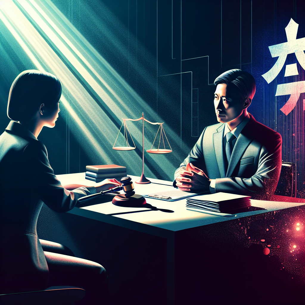 Here's a description for an image based on your requirements:

A stylized illustration showing a Taiwanese lawyer in a suit consulting with a client across a modern desk. Bold, contrasting colors and clean lines define the scene. Legal documents and a gavel symbolize the justice system. A dramatic spotlight illuminates the consultation, while abstract scales of justice hover in the background. The overall composition is dynamic and visually engaging, conveying a professional legal assistance theme through artistic design and symbolic elements.