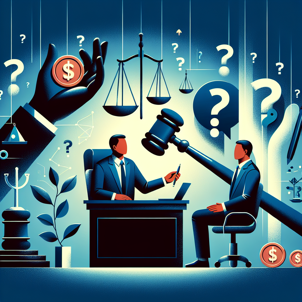 Here's a description for an image that fits your requirements:

A stylized modern art illustration depicting a Taiwanese legal professional answering questions. Bold contrasting colors and clean lines show a judge's gavel, scales of justice, and money symbols. Dynamic lighting illuminates a consultation desk with floating question marks. Symbolic icons represent fraud and money laundering concepts. The overall composition is visually engaging and professional, balancing dramatic elements with artistic design.