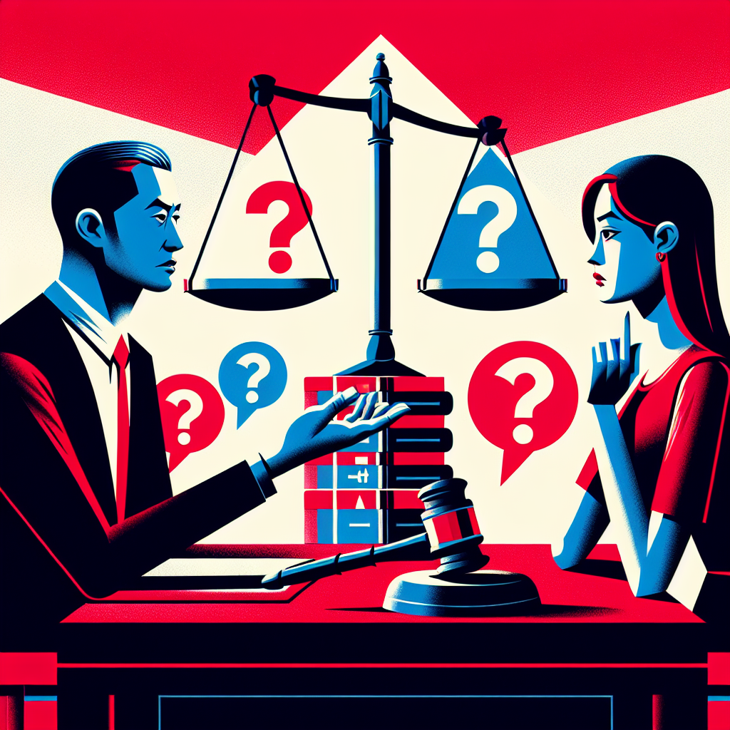 Here's a description for an image based on your requirements:

A stylized modern illustration depicting a legal consultation scene. A Taiwanese lawyer sits at a desk, gesturing towards floating question mark icons. Opposite, a concerned client leans forward. Between them, scales of justice and a gavel hover symbolically. Bold red and blue tones contrast against a clean white background. Sharp lines and dramatic lighting create a dynamic, professional atmosphere. Simplified law book icons frame the scene.