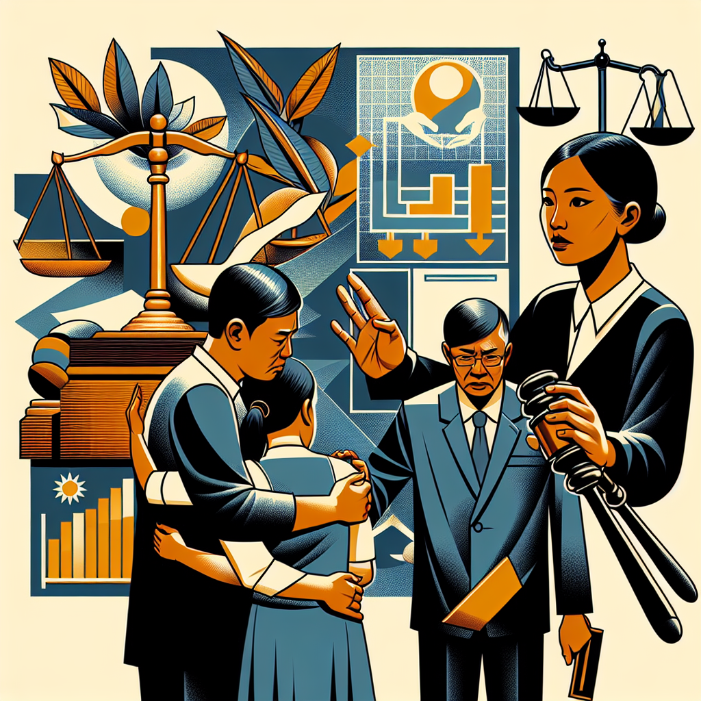 Here's a description for an image based on your requirements:

A stylized illustration depicts a Taiwanese family reunited, embracing in the foreground. Behind them, a judge's gavel and scales of justice symbolize the legal process. To the side, a lawyer figure gestures towards a flow chart showing steps for revoking parental rights suspension. Bold colors and clean lines create a dynamic, modern art style. The scene balances professional elements with emotional warmth, conveying hope and legal support.