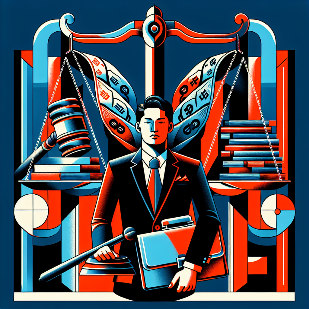 Here's a description for an image that meets your requirements:

A stylized illustration depicting a Taiwanese businessman in a suit, holding a briefcase with money spilling out. Behind him, a large balance scale symbolizes justice. On one side of the scale is a gavel, on the other side are stacks of documents. Bold red and blue colors contrast sharply, creating a dynamic visual. Clean lines and geometric shapes form a modern courthouse backdrop. Symbolic icons of handcuffs and paragraphs float around the scene, emphasizing the legal theme.